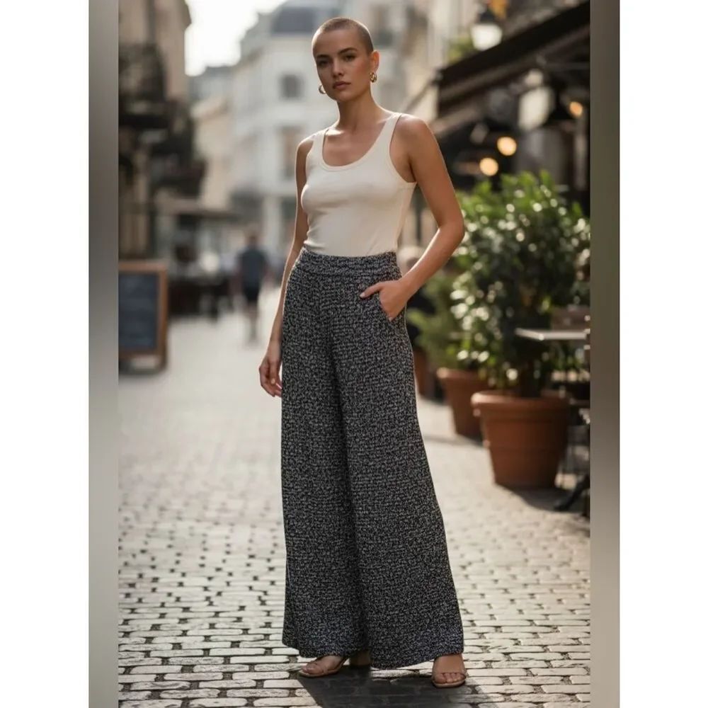 MNG By MANGO black knit high waisted wide leg palazzo pants L